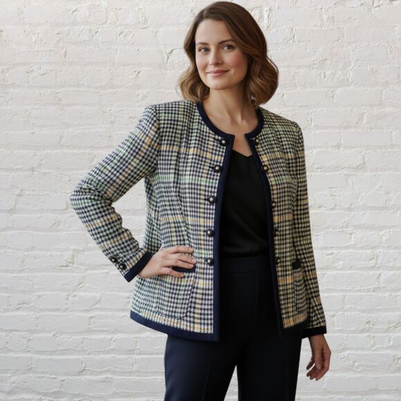 Vintage 80s Evan Picone Blazer Jacket Navy Wool Plaid Houndstooth Union Size 6 - Picture 1 of 15